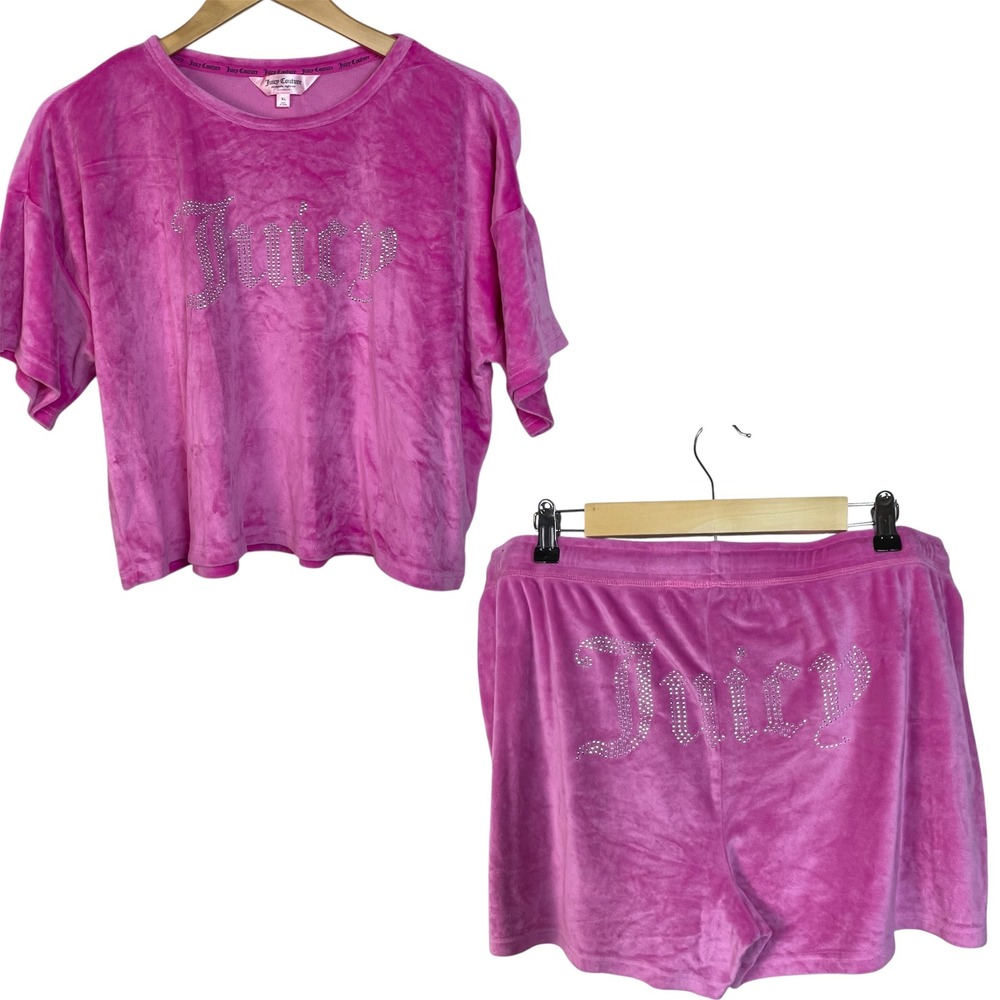 Juicy Couture Velour Sleepwear Lounge Set Shorts Top XL Pink Rhinestone Logo